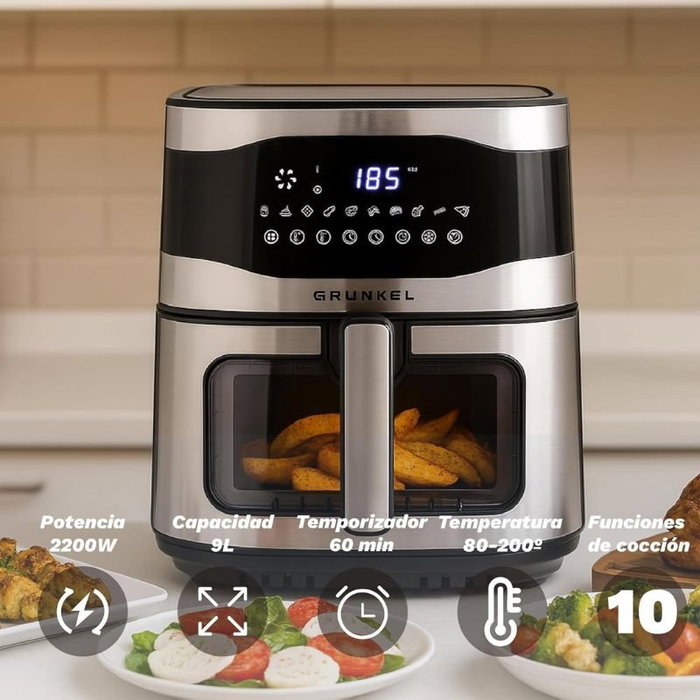 Grunkel MaxisteelFryer Freidora de Aire Sin Aceite 2200W 9L